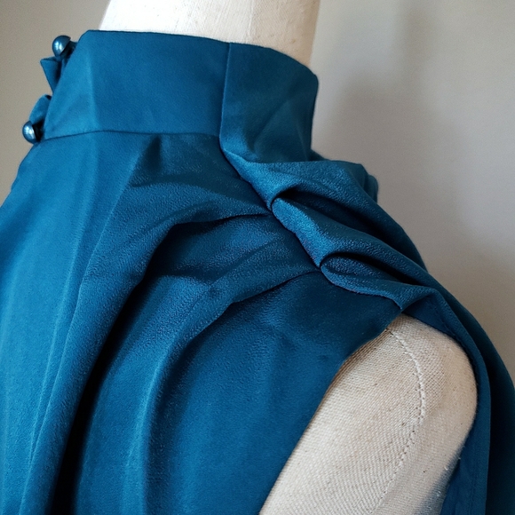 Draped Satin Asymmetric High Neck Sleeveless Midi Dress - Picture 9 of 12